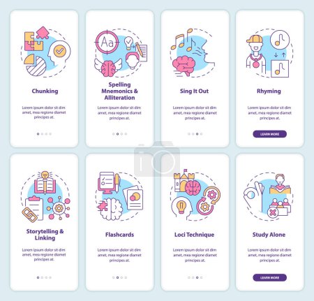 Illustration for Memorizing things onboarding mobile app screen set. Learning strategy walkthrough 4 steps editable graphic instructions with linear concepts. UI, UX, GUI template. Myriad Pro-Bold, Regular fonts used - Royalty Free Image