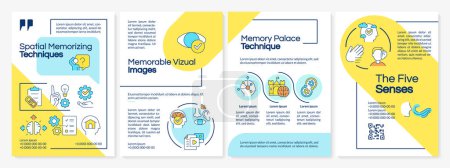 Illustration for Spatial memorizing techniques blue and yellow brochure template. Leaflet design with linear icons. Editable 4 vector layouts for presentation, annual reports. Questrial, Lato Regular fonts used - Royalty Free Image