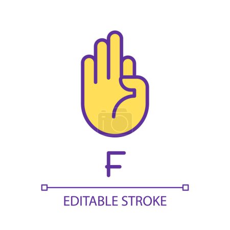 Illustration for Letter F in American sign language pixel perfect RGB color icon. Nonverbal communication. Isolated vector illustration. Simple filled line drawing. Editable stroke. Arial font used - Royalty Free Image