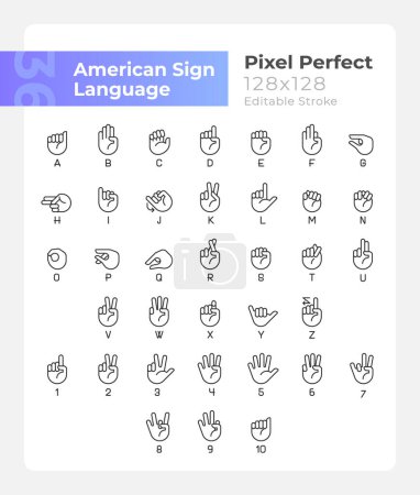 Illustration for American sign language pixel perfect linear icons set. Communication system. Customizable thin line symbols. Isolated vector outline illustrations. Editable stroke. Montserrat Bold, Light fonts used - Royalty Free Image