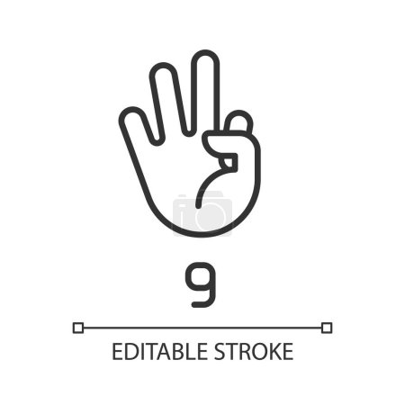 Illustration for Signing digit nine in ASL pixel perfect linear icon. Non verbal language system. Communication. Thin line illustration. Contour symbol. Vector outline drawing. Editable stroke. Arial font used - Royalty Free Image