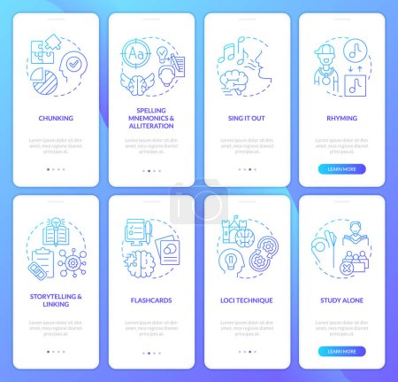 Illustration for Verbal memorizing methods blue gradient onboarding mobile app screen set. Learn walkthrough 4 steps graphic instructions with linear concepts. UI, UX, GUI template. Myriad Pro-Bold, Regular fonts used - Royalty Free Image