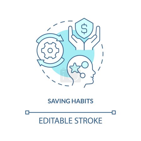 Illustration for Saving money habits turquoise concept icon. Insurance policies pros. economy literacy abstract idea thin line illustration. Isolated outline drawing. Editable stroke. Arial, Myriad Pro-Bold fonts used - Royalty Free Image