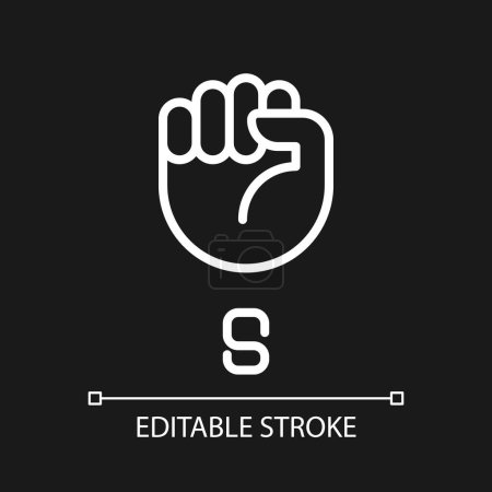 Illustration for Letter S in American sign language pixel perfect white linear icon for dark theme. Communication modality. Thin line illustration. Isolated symbol for night mode. Editable stroke. Arial font used - Royalty Free Image
