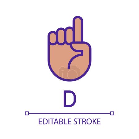 Illustration for Signing letter D in ASL pixel perfect RGB color icon. Nonverbal system. People with deafness support. Isolated vector illustration. Simple filled line drawing. Editable stroke. Arial font used - Royalty Free Image