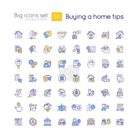 Buying home tips RGB color big icons set. Real estate. First time homebuying process. Isolated vector illustrations. Simple filled line drawings collection. Editable stroke. Quicksand Light font use