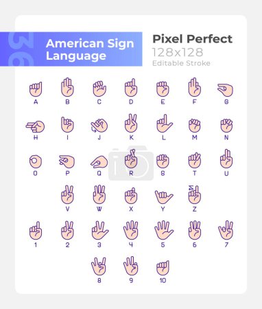 Amerikanische Zeichensprache Pixel perfekte RGB-Farbsymbole gesetzt. Kommunikation. Vereinzelte Vektorillustrationen. Einfach ausgefüllte Linienzeichnungen Sammlung. Essbarer Schlaganfall. Montserrat Bold, Leichte Schriften gebraucht