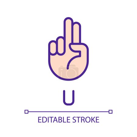 Illustration for Letter U sign in ASL pixel perfect RGB color icon. Words visualization by gestures. Communication. Isolated vector illustration. Simple filled line drawing. Editable stroke. Arial font used - Royalty Free Image