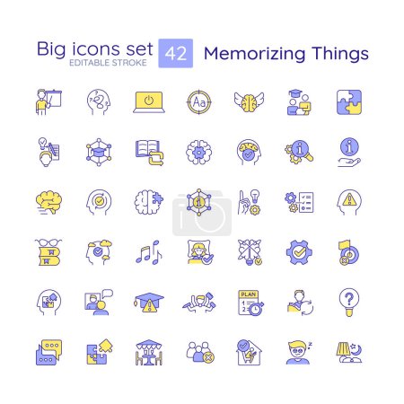 Illustration for Memorization things strategies RGB color icons set. Brain training. Develop memory. Isolated vector illustrations. Simple filled line drawings collection. Editable stroke. Quicksand-Light font used - Royalty Free Image