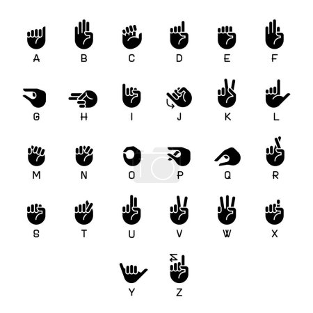 Letters in American sign language black glyph icons set on white space (en inglés). Gestos para el alfabeto. Proceso de comunicación. Símbolos de silueta. Paquete de pictograma sólido. Ilustración aislada vectorial