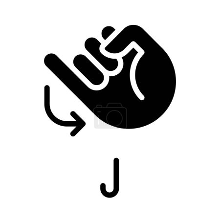 Illustration for Letter J sign in ASL black glyph icon. System of nonverbal communication. Words visualization process. Silhouette symbol on white space. Solid pictogram. Vector isolated illustration - Royalty Free Image