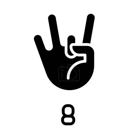 Illustration for Digit eight sign in ASL black glyph icon. Gesture language element. Non verbal communication system. Silhouette symbol on white space. Solid pictogram. Vector isolated illustration - Royalty Free Image