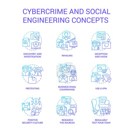 Illustration for Cybercrime and social engineering blue gradient concept icons set. Digital safety. Hacker attacks idea thin line color illustrations. Isolated symbols. Roboto-Medium, Myriad Pro-Bold fonts used - Royalty Free Image
