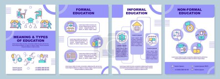 Meaning and types of education purple brochure template. Leaflet design with linear icons. Editable 4 vector layouts for presentation, annual reports. Arial-Black, Myriad Pro-Regular fonts used