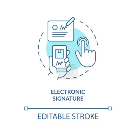 Electronic signature turquoise concept icon. Digitally sign to receive parcel abstract idea thin line illustration. Isolated outline drawing. Editable stroke. Arial, Myriad Pro-Bold fonts used