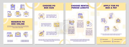 Illustration for Postal box services yellow brochure template. Mailbox. Leaflet design with linear icons. Editable 4 vector layouts for presentation, annual reports. Arial-Black, Myriad Pro-Regular fonts used - Royalty Free Image