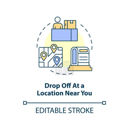 Illustration for Drop off at location near you concept icon. Place to receive parcel. Postal office abstract idea thin line illustration. Isolated outline drawing. Editable stroke. Arial, Myriad Pro-Bold fonts used - Royalty Free Image