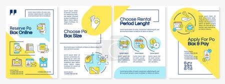 Illustration for Postal box services blue and yellow brochure template. Letterbox pros. Leaflet design with linear icons. Editable 4 vector layouts for presentation, annual reports. Questrial, Lato Regular fonts used - Royalty Free Image