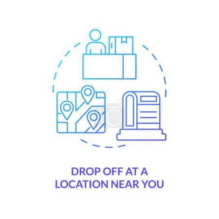 Illustration for Drop off at location near you blue gradient concept icon. Place to receive parcel. Post office. Delivery point abstract idea thin line illustration. Isolated outline drawing. Myriad Pro-Bold font used - Royalty Free Image