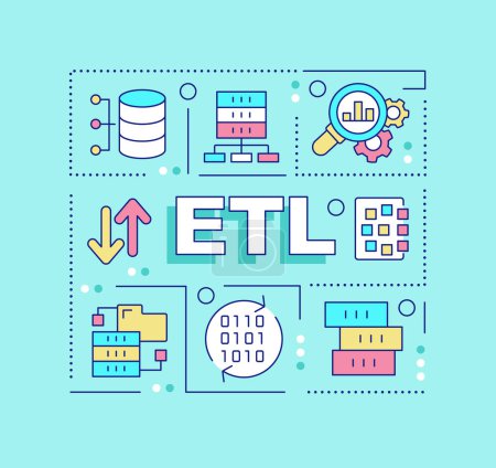 Illustration for ETL word concepts turquoise banner. Database process. Analytic strategy. Infographics with editable icons on color background. Isolated typography. Vector illustration with text. Arial-Black font used - Royalty Free Image