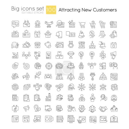 Illustration for Attracting new customers linear big icons set. Finding potential clients. Customizable thin line symbols. Isolated vector outline illustrations. Editable stroke. Quicksand-Light font used - Royalty Free Image