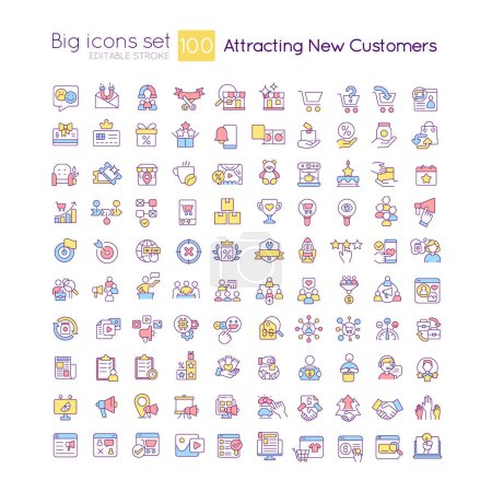 Illustration for Attracting new customers RGB color big icons set. Marketing strategy to find clients. Isolated vector illustrations. Simple filled line drawings collection. Editable stroke. Quicksand-Light font used - Royalty Free Image