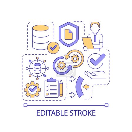 Illustration for Database management concept icon. Information storage regulation. System analytics. Optimization abstract idea thin line illustration. Isolated outline drawing. Editable stroke. Arial font used - Royalty Free Image
