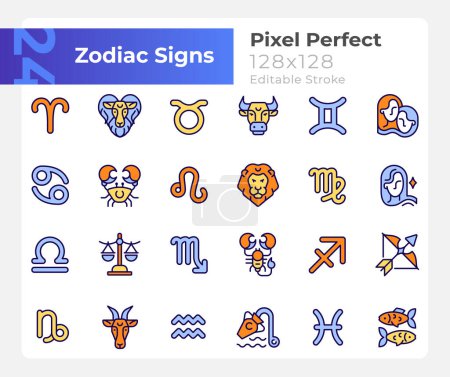 Illustration for Zodiac signs pixel perfect RGB color big icons set. Astrological elements. Isolated vector illustrations. Simple filled line drawings collection. Editable stroke. Montserrat Bold, Light fonts used - Royalty Free Image