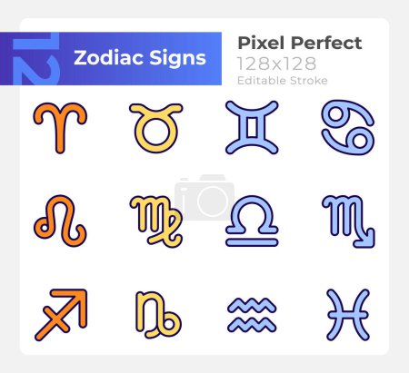 Illustration for Twelve zodiac signs of western astrology pixel perfect RGB color icons set. Isolated vector illustrations. Simple filled line drawings collection. Editable stroke. Montserrat Bold, Light fonts used - Royalty Free Image