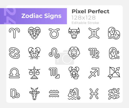 Illustration for Zodiac signs pixel perfect linear big icons set. Astrological elements. Customizable thin line symbols. Isolated vector outline illustrations. Editable stroke. Montserrat Bold, Light fonts used - Royalty Free Image