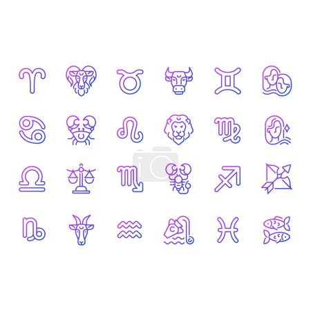 Illustration for Zodiac signs pixel perfect gradient linear vector big icons set. Astrological elements and their meaning. Thin line contour symbol designs bundle. Isolated outline illustrations collection - Royalty Free Image