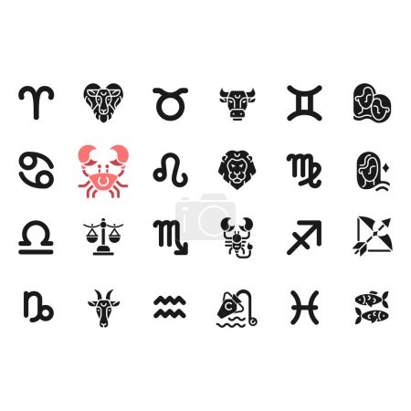 Illustration for Zodiac signs black glyph big icons set on white space. Horoscope prediction. Astrological elements and their meaning. Silhouette symbols. Solid pictogram pack. Vector isolated illustration - Royalty Free Image