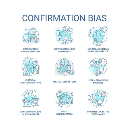 Illustration for Confirmation bias turquoise concept icons set. News literacy. Information research idea thin line color illustrations. Isolated symbols. Editable stroke. Roboto-Medium, Myriad Pro-Bold fonts used - Royalty Free Image