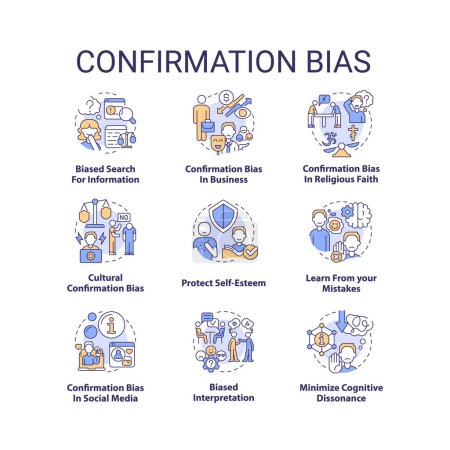 Illustration for Confirmation bias concept icons set. Decision making. Barrier to critical thinking idea thin line color illustrations. Isolated symbols. Editable stroke. Roboto-Medium, Myriad Pro-Bold fonts used - Royalty Free Image