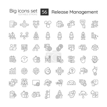 Illustration for Release management linear big icons set. Product launch. Startup strategy. Customizable thin line symbols. Isolated vector outline illustrations. Editable stroke. Montserrat Bold, Light fonts used - Royalty Free Image