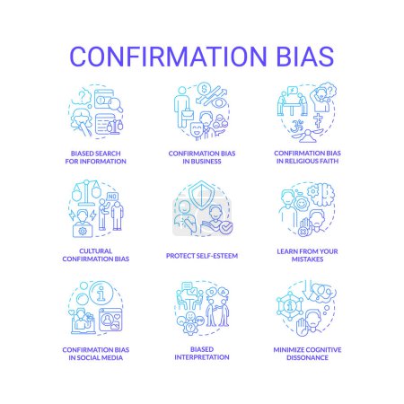 Illustration for Confirmation bias blue gradient concept icons set. Emotional intelligence. Favor information idea thin line color illustrations. Isolated symbols. Roboto-Medium, Myriad Pro-Bold fonts used - Royalty Free Image