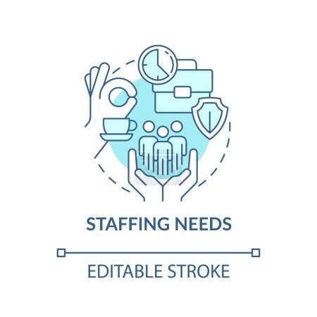 Staffing needs turquoise concept icon. Rest breaks. Avoiding workplace injuries tip abstract idea thin line illustration. Isolated outline drawing. Editable stroke. Arial, Myriad Pro-Bold fonts used