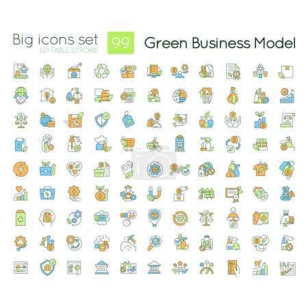 Illustration for Environmental business model RGB color icons set. Eco-conscious society. Isolated vector illustrations. Simple filled line drawings collection. Editable stroke. Quicksand-Light font used - Royalty Free Image