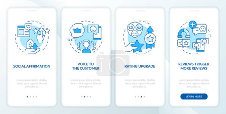 Illustration for Customer reviews purposes blue onboarding mobile app screen. Walkthrough 4 steps editable graphic instructions with linear concepts. UI, UX, GUI template. Myriad Pro-Bold, Regular fonts used - Royalty Free Image