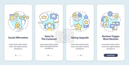 Illustration for Customer reviews importance reasons onboarding mobile app screen. Walkthrough 4 steps editable graphic instructions with linear concepts. UI, UX, GUI template. Myriad Pro-Bold, Regular fonts used - Royalty Free Image