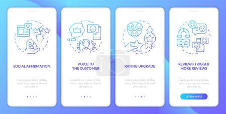 Illustration for Importance of online reviews blue gradient onboarding mobile app screen. Walkthrough 4 steps graphic instructions with linear concepts. UI, UX, GUI template. Myriad Pro-Bold, Regular fonts used - Royalty Free Image