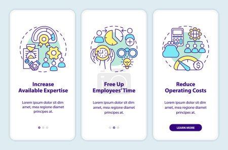 Illustration for Small business outsourcing reasons onboarding mobile app screen. Walkthrough 3 steps editable graphic instructions with linear concepts. UI, UX, GUI template. Myriad Pro-Bold, Regular fonts used - Royalty Free Image