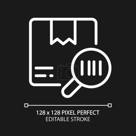 Illustration for Package barcode tracking pixel perfect white linear icon for dark theme. Product information. Goods id. Thin line illustration. Isolated symbol for night mode. Editable stroke. Arial font used - Royalty Free Image