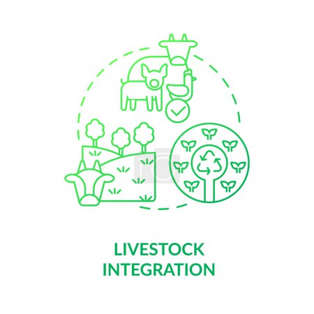 Das grüne Gradientenkonzept für die Integration von Nutztieren ist ein Symbol. Ökosystem. Prinzip der regenerativen Landwirtschaft abstrakte Idee dünne Linie Illustration. Vereinzelte Umrisse. Myriad Pro-Bold Schrift verwendet