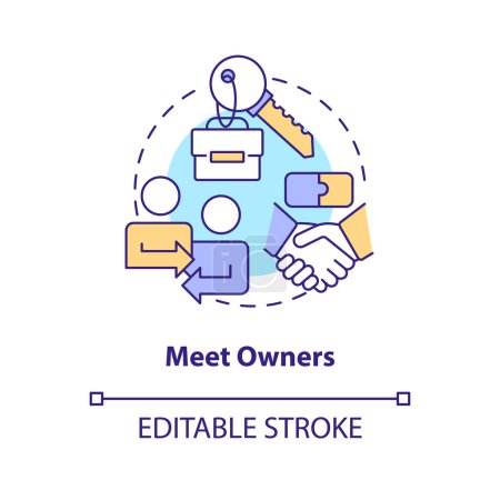 Illustration for Meet owners concept icon. Managing business merger abstract idea thin line illustration. Stockholders negotiation. Isolated outline drawing. Editable stroke. Arial, Myriad Pro-Bold fonts used - Royalty Free Image