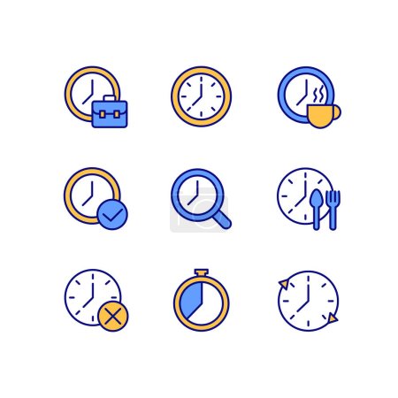Cronometraje en la vida diaria píxel perfecto conjunto de iconos de color RGB. Gestionar el tiempo en el lugar de trabajo. Dispositivo de reloj. Ilustraciones vectoriales aisladas. Colección de dibujos de línea rellenos simples. Carrera editable