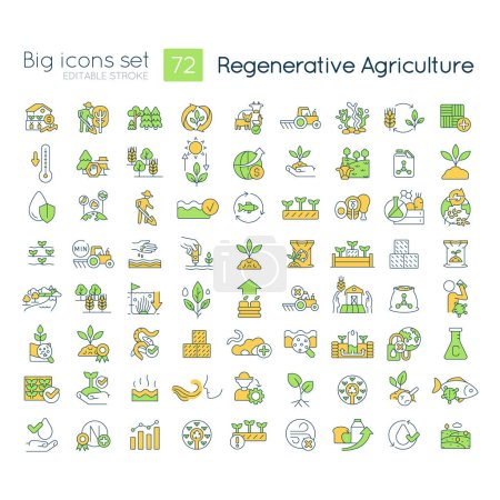 Regenerative agriculture RGB color icons set. Ecologically safe farming. Nature conservation. Isolated vector illustrations. Simple filled line drawings collection. Editable stroke