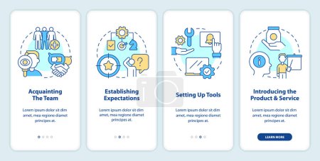 New hire customer service training steps onboarding mobile app screen. Walkthrough 4 steps editable graphic instructions with linear concepts. UI, UX, GUI template. Myriad Pro-Bold, Regular fonts used