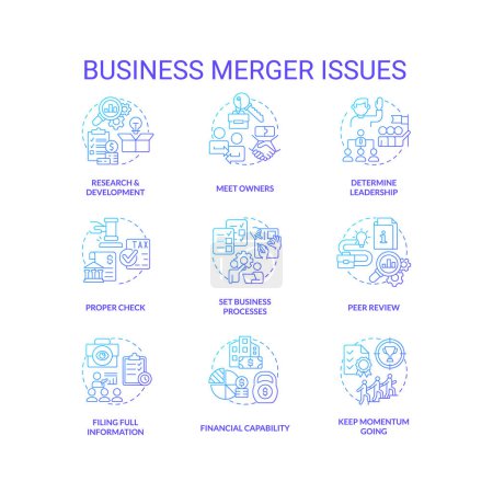 Illustration for Business merger issues blue gradient concept icons set. Corporate acquisition idea thin line color illustrations. Company owners. Isolated symbols. Roboto-Medium, Myriad Pro-Bold fonts used - Royalty Free Image