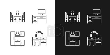 Der Kauf von Möbeln pixelt perfekte lineare Icons, die für den dunklen, hellen Modus eingestellt sind. Einrichtung für Küche und Schlafzimmer. Thin Line Symbole für Nacht, Tag Thema. Vereinzelte Illustrationen. Essbarer Schlaganfall